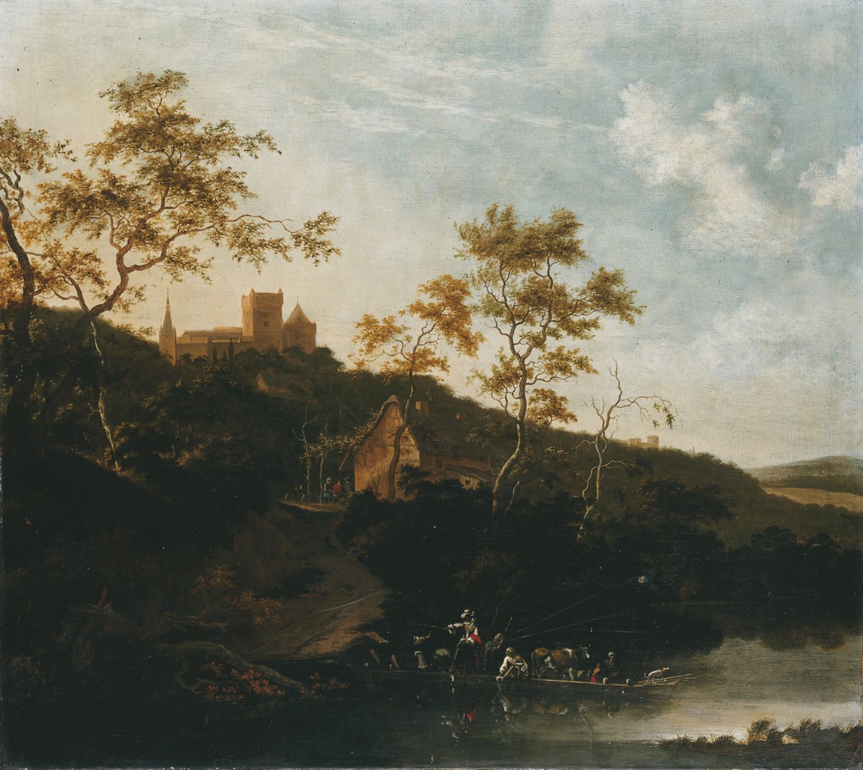Flusslandschaft mit einem Gentleman zu Pferd und Bauern auf einer Fähre, eine Taverne unterhalb eines Schlosses im Hintergrund von Jan Gabrielsz. Sonje