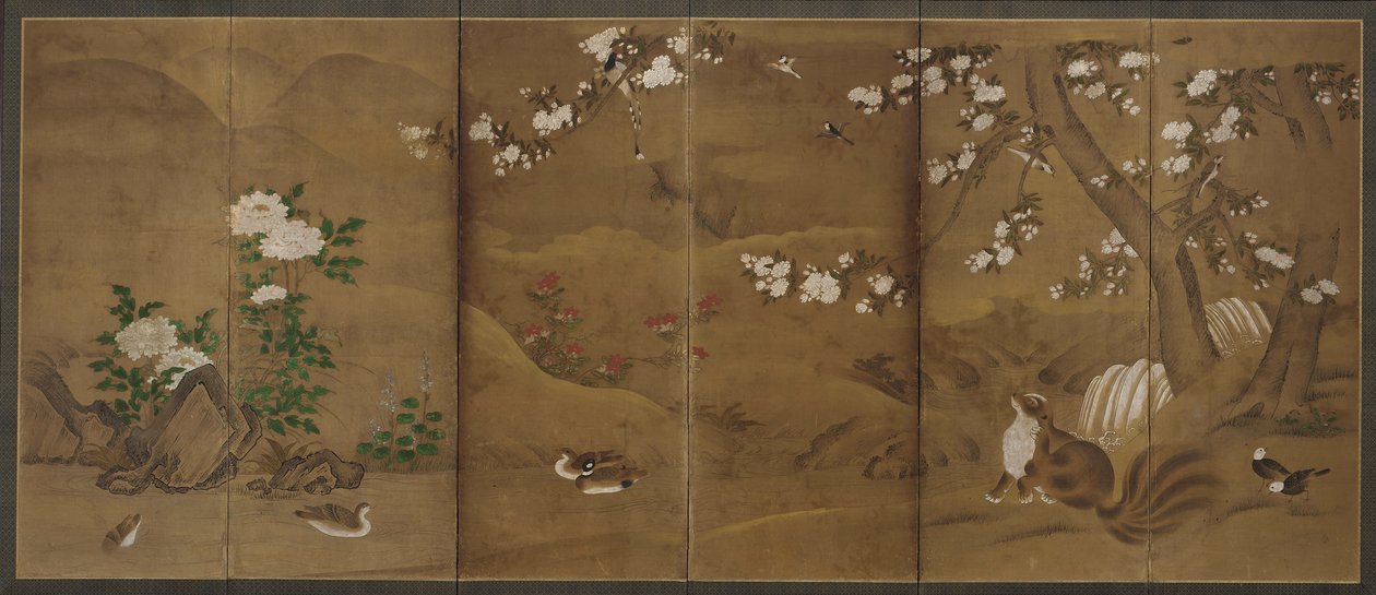 Vögel, Blumen der Jahreszeiten und Zibetkatzen, Muromachi- oder Momoyama-Periode, 16. Jahrhundert von Unbekannt