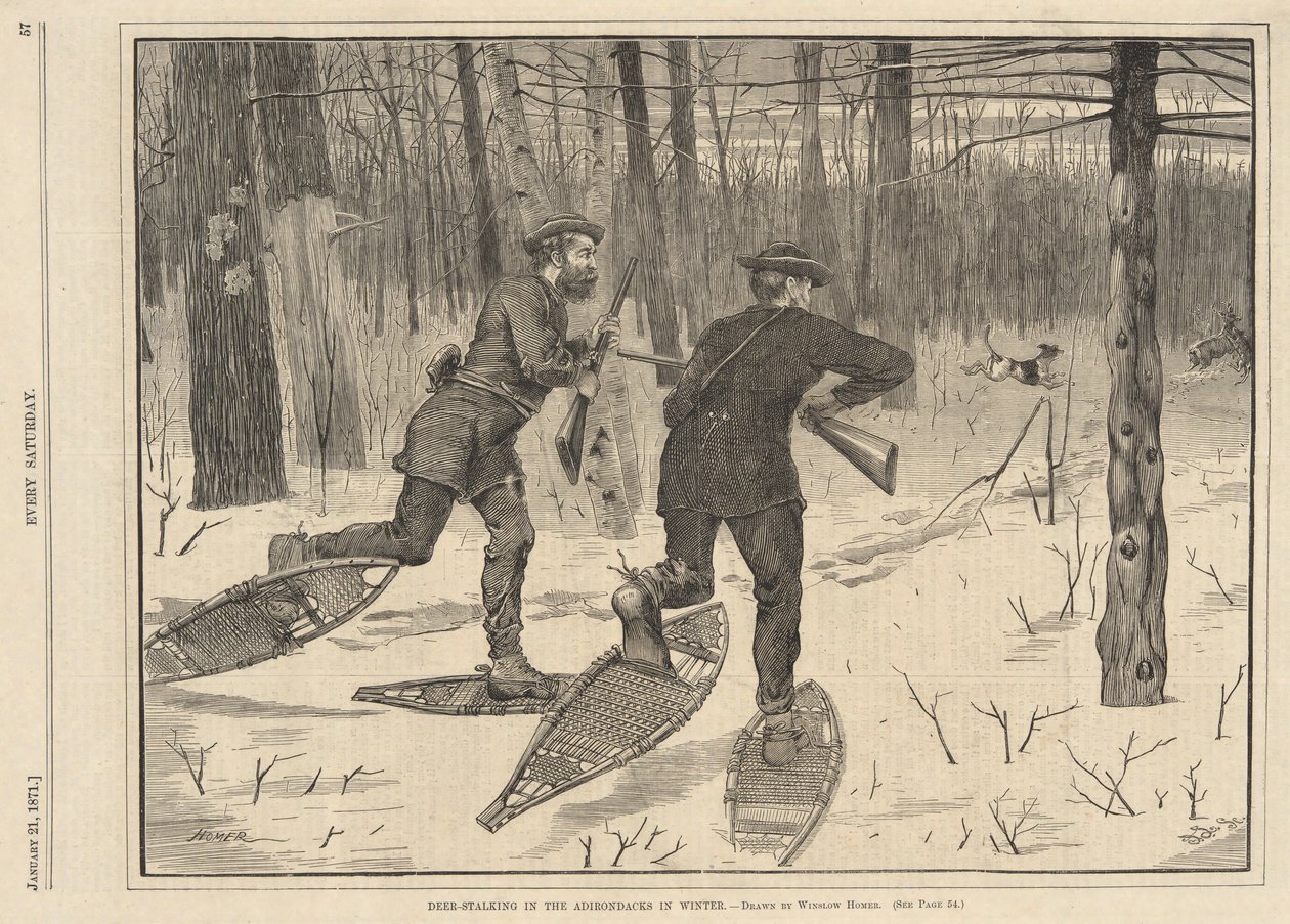Hirschjagd in den Adirondacks im Winter, aus Every Saturday, 21. Januar 1871 von Winslow Homer