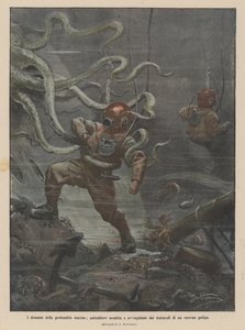 Die Dramen der Tiefsee, ein Taucher wird von den Tentakeln eines riesigen Kraken angegriffen und umschlungen