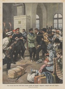 Ein Bahnhof im europäischen Russland von Banditen überfallen, Reisende im Warteraum ausgeraubt