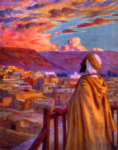 Muezzin ruft die Gläubigen zum Gebet in einem Dorf in der Wüste. Von Nasreddine Dinet (Alphonse-Étienne Dinet). 1861 – 1929. Ein französischer orientalistischer Maler. 1918