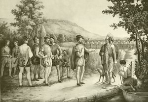 Jacques Cartier, sein erstes Treffen mit den Indianern in Hochelaga, dem heutigen Montreal, 1535, ca. 1850