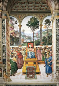 Italien, Siena, Kathedrale, Piccolomini-Bibliothek, Enea Silvio Piccolomini hält eine Rede vor König Jakob I. von Schottland (Detail) von Bernardino di Betto Pinturicchio