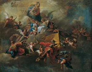 Maria mit dem Kind und Heiligen, auf Wolken thronend