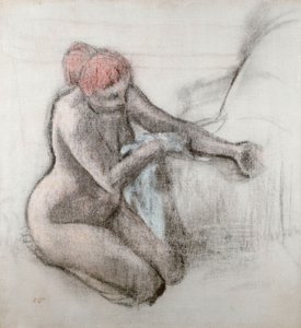 Nackte Frau trocknet sich nach dem Bad, um 1898