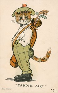Katze, schottischer Golfcaddie (Farblithografie)