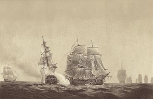 Russisches Schiff Vsevolod streicht ihre Farben vor der HMS Implacable, angegliedert an die schwedische Marine und kommandiert von Kapitän Thomas Byam Martin, in der Ostsee, 26. August 1808