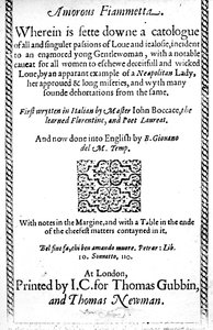 Titelseite zu Amorous Fiammetta von Giovanni Boccaccio, englische Übersetzung veröffentlicht 1587