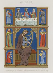 Serie von Bildern des 13. Jahrhunderts, die ein mystisches Abendmahl, Musiker und einen König, der eine Lyra spielt, darstellen