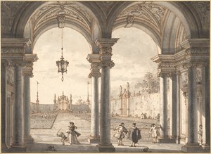 Blick durch eine barocke Kolonnade in einen Garten, 1760-1768