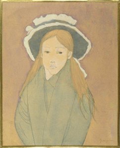 Mädchen mit großem Hut und strohfarbenem Haar, 1910er