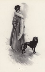 Frau in langem Mantel mit einem Pudel
