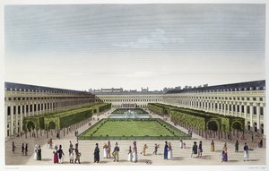 Blick auf die Gärten des Palais Royal, gesehen von den Galeries de Bois, graviert von Aubert Fils, ca. 1815-20