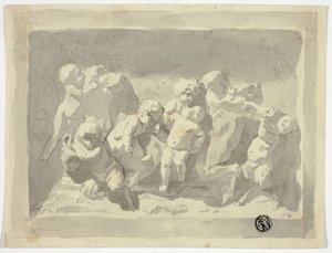 Babysatyrn und Putti spielen mit Esel