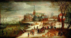 Ansicht von Shelle und dem Fluss Schelde im Winter mit einem Markt und Schlittschuhläufern