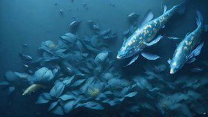 Tintenmalerei: Koi-Karpfen blau 04
