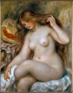 Blonde Badende. Nackte Frau mit sehr langen Haaren