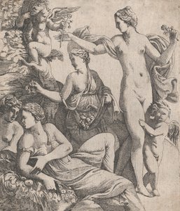 Venus, stehend mit den drei Grazien, wird eine Blume von einem Putto angeboten, 1607-61
