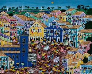 Naive Kunstmalerei, die einen Markt darstellt, Bahia, Brasilien