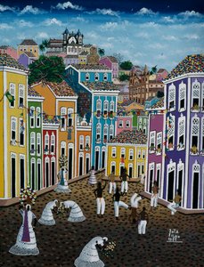 Naive Kunstmalerei, die eine Straßenszene darstellt, Bundesstaat Bahia, Brasilien