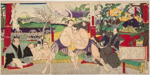Sumo-Kampf der Ringer Koyonagi Tsunekichi und Arauma Daigoro