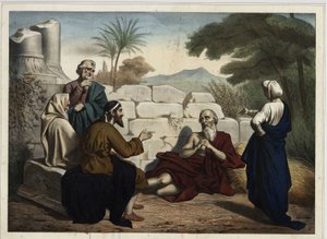 Diskussion zwischen Hiob und seinen Freunden über Hiobs Unglücke: Gott prüft Hiobs religiösen Glauben, der seine Treue zu Gott beweist, indem er seine Unglücke als Strafe für seine Sünden erklärt. Anonyme Gravur aus der Mitte des 19. Jahrhunderts.