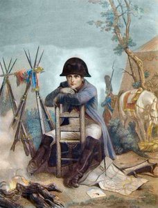 Napoleon am Biwak am Vorabend der Schlacht von Austerlitz - Gravur von Philippoteaux - Napoleon am Biwak. Die Schlacht von Austerlitz (1805), auch bekannt als die Schlacht der drei Kaiser