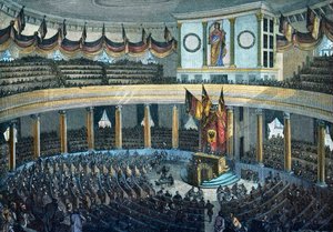 Revolutionen 1848 - 1849: Deutsche Nationalversammlung in der Paulskirche in Frankfurt am Main - kolorierte Holzgravur