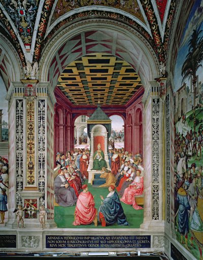 Aeneas Sylvius Piccolomini (1405-64) unterwirft sich Papst Eugenius IV (1383-1447) am 7. Februar 1447 von Bernardino di Betto Pinturicchio