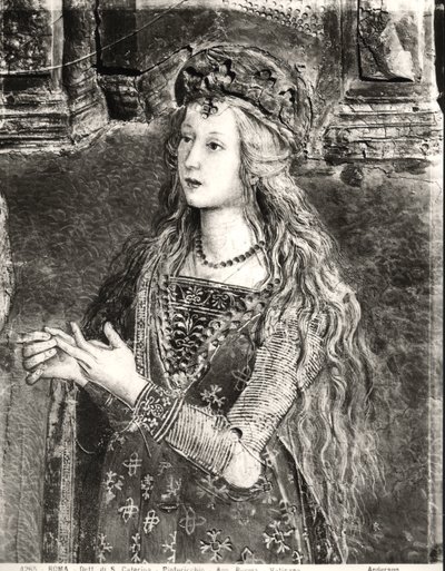 St. Katharina, möglicherweise ein Porträt von Lucrezia Borgia, aus dem Zyklus der Heiligenleben (1492-94) von Bernardino di Betto Pinturicchio