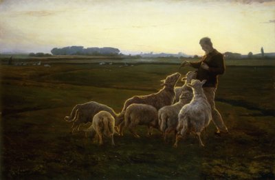 Ein Schäfer und seine Schafe mit Gänsen im Hintergrund von Carl Christian Ferdinand Wentorf
