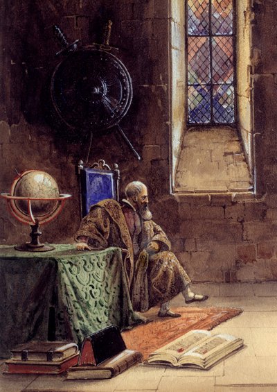 Darstellung von Galileo Galilei im Stück „Galileo“ von Francois Ponsard (1814-1867) an der Comédie-Française 1867. Der Astronom wird dort im Gefängnis dargestellt. Illustration von Pierre Beauvallet (1801-1873) 1867 Paris, Comédie-Française von Pierre Beauvallet