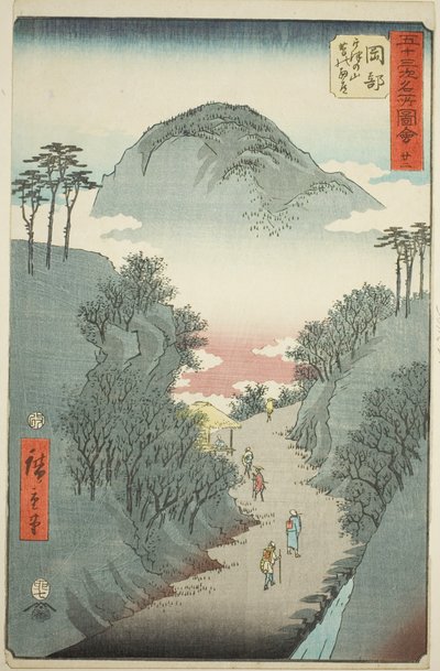 Okabe: Schmaler, mit Efeu bedeckter Weg am Berg Utsu (Okabe, Utsu no yama tsuta no hosomichi), Nr. 22 aus der Serie "Berühmte Ansichten der dreiundfünfzig Stationen (Gojusan tsugi meisho zue)", auch bekannt als der vertikale Tokaido von Utagawa Hiroshige