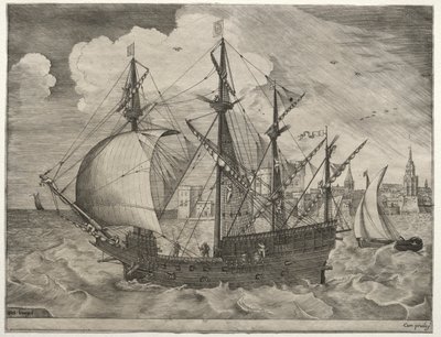 Segelschiffe: Bewaffneter Viermaster fährt zur See von after Pieter Bruegel